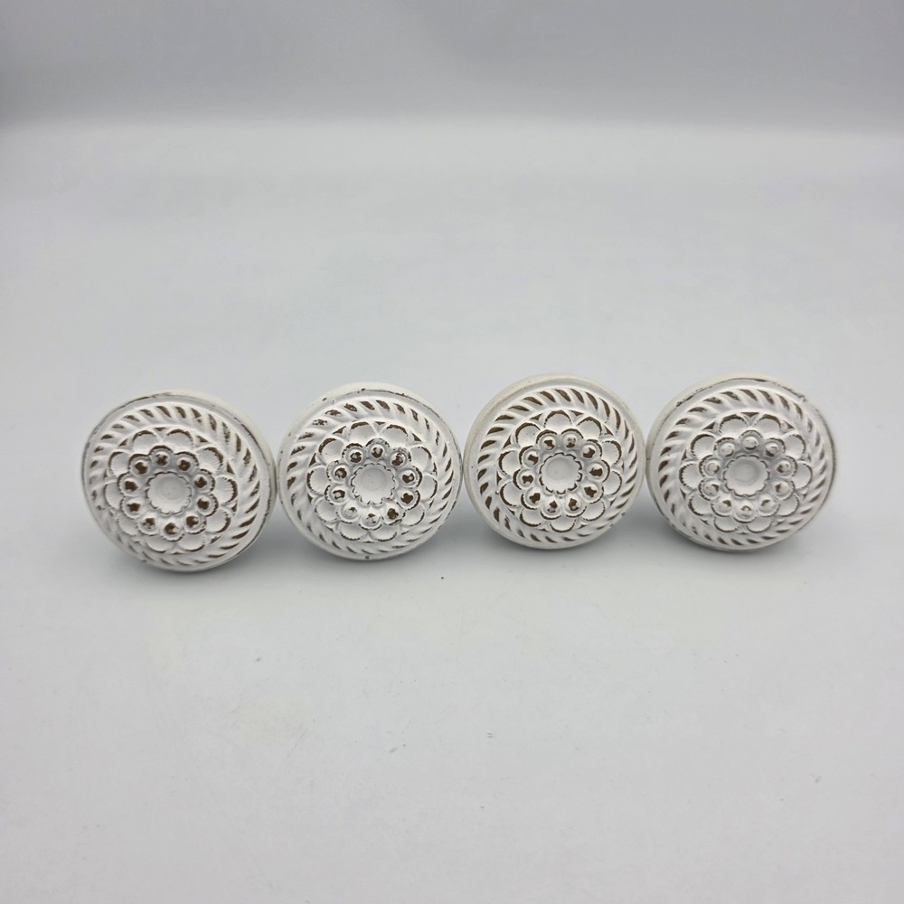 4 Floral Round Shaped Drawer Pulls Knobs White Resin Rustic Shabby‎ Chic Cottage